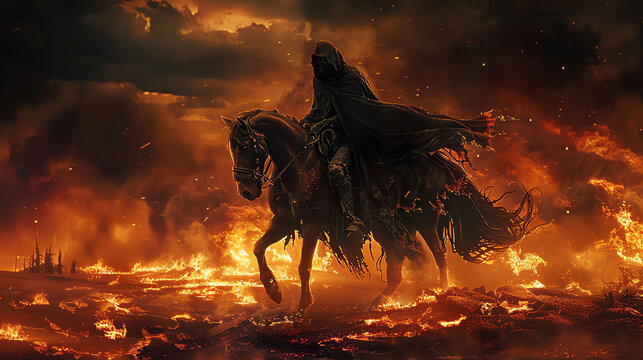 Grim reaper on a horse, fiery background, dark and ominous, dramatic lighting