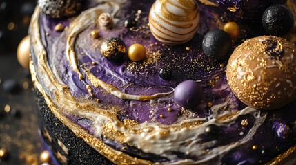 Luxurious space themed birthday cake. Space elements with stars and planets