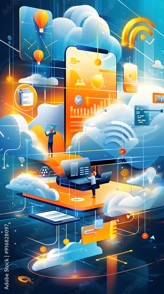 Poster cloud computing with people working on digital devices.
