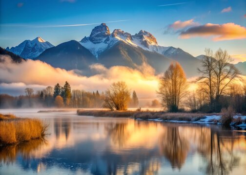 Misty dawn breaks over serene Pitt River and majestic Golden Ears Mountain, shrouded in gentle fog, from Port Coquitlam Trail.