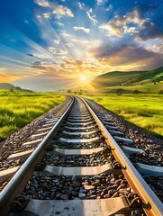 Railroad Tracks Leading to Sunset Over Green Hills.