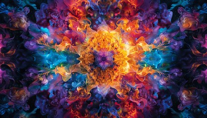 Kaleidoscope effect, symmetrical design, bursting colors, intricate patterns, energetic feel