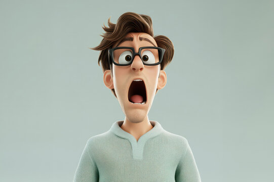 Shocked adult man 3d cartoon character illustration. 3d portrait of scared man with glasses on light background. People feelings expression concept