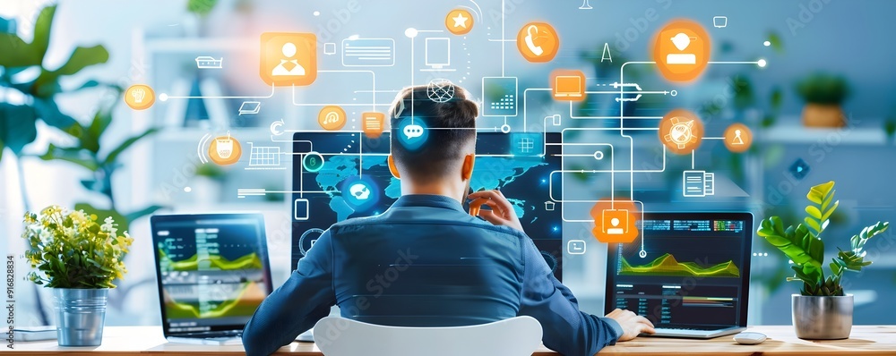 Poster businessman working on computer with digital icons around him.