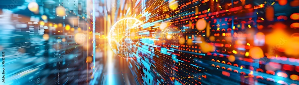 Poster abstract technology background with data flow and globe.