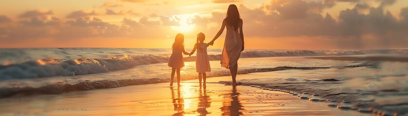 Fototapeta premium Mother and daughter on beach at sunset, warm lighting, sentimental and serene
