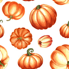 Pumpkins orange. Seamless patten for decorating Autumn Harvest fest. Hand drawn watercolor illustration isolated. Thanksgiving traditional vegetables. Template for wallpaper, card, wrapping, textile.