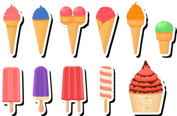 Illustration on theme big kit ice cream popsicle different types in cone waffle cup