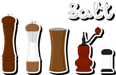 Illustration on theme big set different types ware filled salt for organic cooking