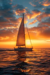 Sailboat sailing at sunset, wideangle, golden hour lighting, calm ocean