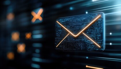 Abstract digital featuring a glowing envelope icon amidst a network of light trails, symbolizing electronic communication.