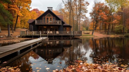 Fototapeta premium A rustic lake house with a wooden dock, autumn leaves mirrored in the calm water.