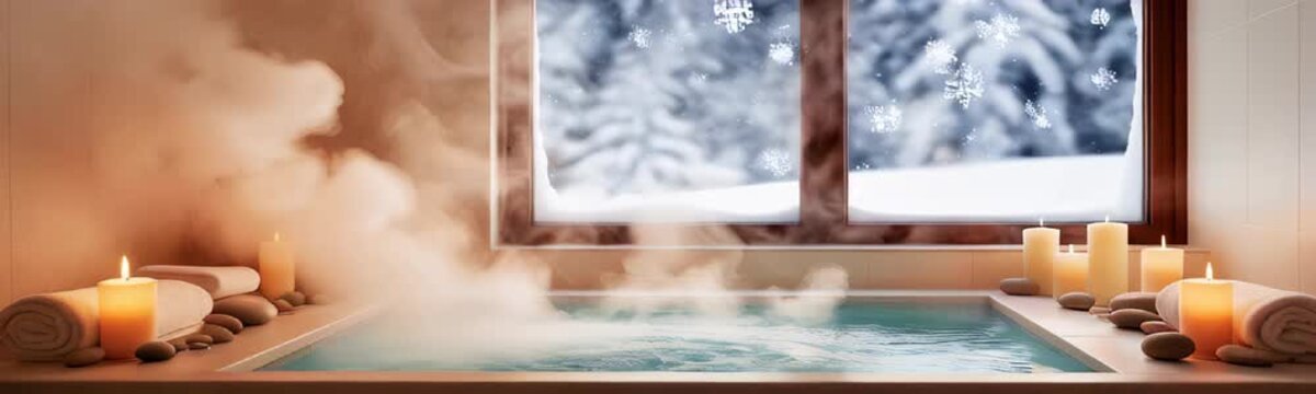 winter spa with a steaming hot tub, lit candles and white folded towels. The large panoramic window offers a serene view of a snowy winter landscape. Copy space template web banner