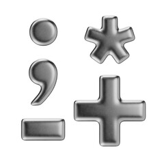 Obraz premium Punctuation marks: dot, comma, plus, minus or dash, asterisk. Isolated on a transparent background. 3D render of marks in silver with a matte texture.