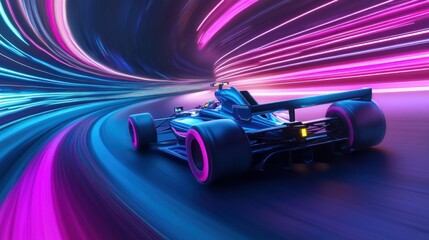Race Car Speeding Through Neon Tunnel