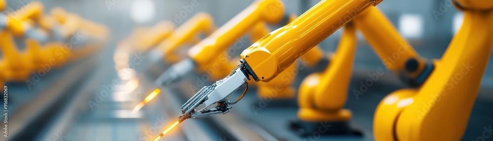 Poster high-tech industrial robots working on an assembly line, showcasing modern automation and precision 