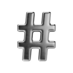 Hashtag sign. Typography mark isolated on a transparent background. 3D render of an icon in silver with a matte texture.