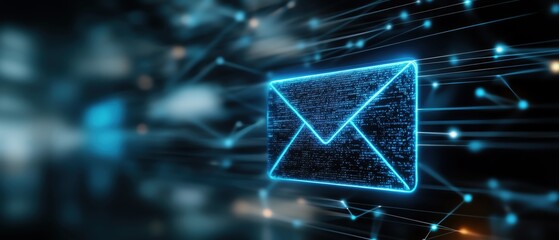 Futuristic email icon with glowing blue lines representing digital communication and connectivity in a tech-driven world.