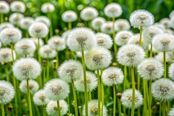 Obraz premium Dense cluster of small, spherical, white flowers resembling dandelion puffs growing together in a lush green natural environment outdoors.