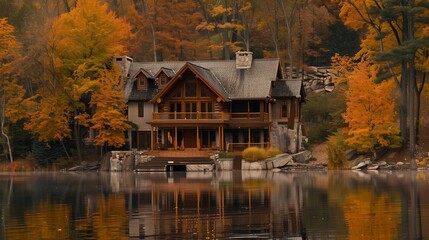 Fototapeta premium A secluded lake house by a calm water, with fall trees beautifully mirrored.