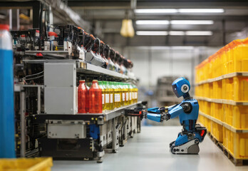 Fototapeta premium Robot labels the drink bottles in a warehouse.