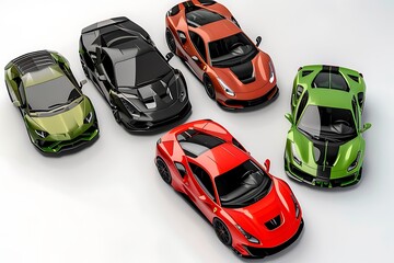Colorful modern super race cars - top down view - 3D Illustration