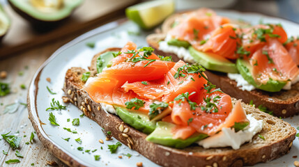 Avocado toast with smoked salmon for breakfast, homemade cuisine and traditional food, country life