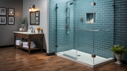 Fototapeta premium Glass walk-in shower in a bathroom of brand new home 