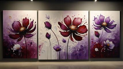 Triptych of modern floral paintings, each on a separate canvas.