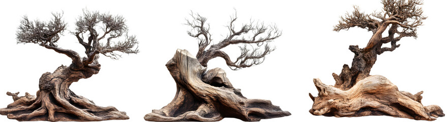 Collection of 3 natural wood tree sculptures, isolated on transparent background