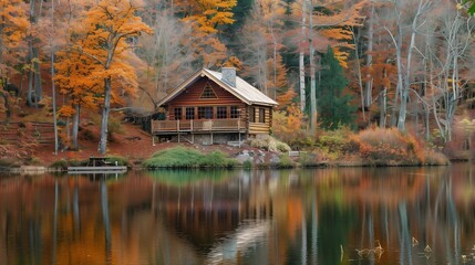 Obraz premium A tranquil cabin in the woods, overlooking a reflective lake, surrounded by autumn colors.