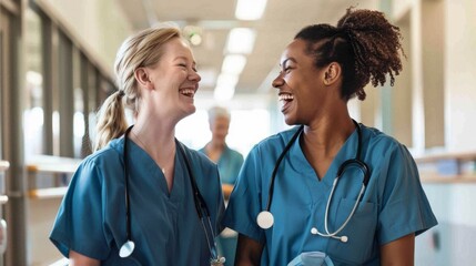 Two nurses sharing a laugh and conversation in a hospital setting. Concept Nursing, Workplace Interaction, Healthcare Communication, Laughter, Team Bonding