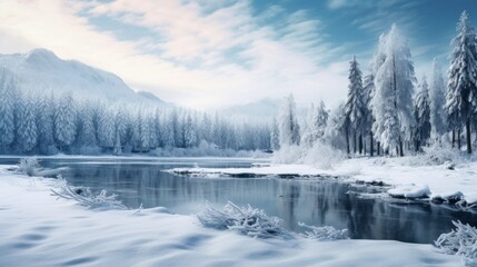 Winter panoramic landscape with scenic frozen mountain lake and blue sky. Neural network ai generated art