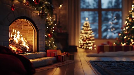 Cozy Christmas evening by the fireplace with decorated trees and gifts in a warm living room - Powered by Adobe