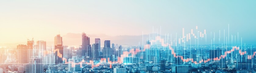 Fototapeta premium Modern city skyline with financial graphs illustrating economic growth and data trends at sunset. Ideal for business themes.