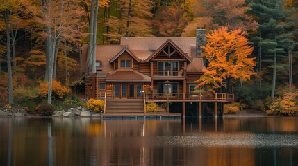 Obraz premium A wooden lake house with a peaceful dock, surrounded by brilliant fall colors.