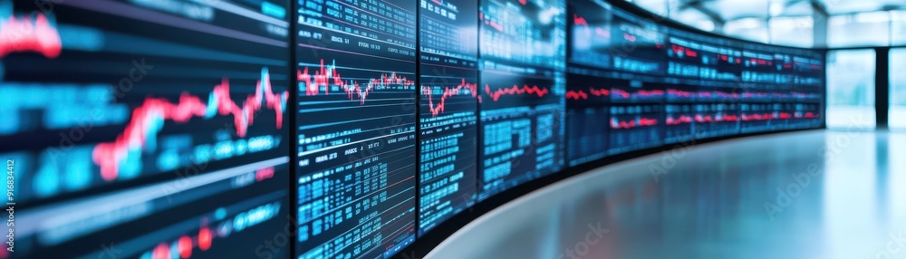 Poster modern financial data display showcasing stock market trends and analytics on digital screens in a c