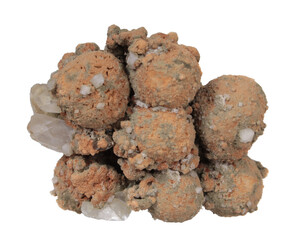 Cluster of siderite balls with calcite, from Nikolaevskiy Mine, Dalnegorsk, Russia. Collection mineral isolated on white background