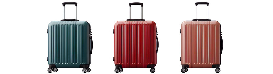 Collection of 3 travel suitcases and trolley bags in multiple colors, transparent background