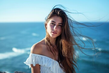 Naklejka premium Cute attractive woman with curly hair on blurred ocean background