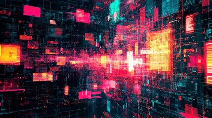 Obraz premium Cyber defense in a vast digital ocean. Pulsating screens and avatars guarding the perimeter, cyberpunk style.