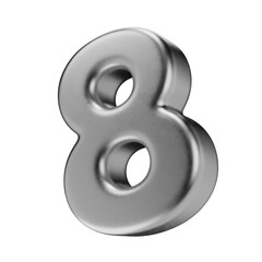 Volumetric silver number 8, isolated on a transparent background. 3D digit eight in metal with a matte texture. Photorealistic render.