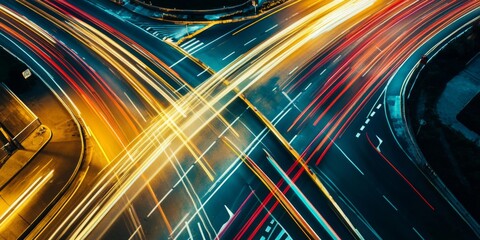 Fototapeta premium Urban Nightscape: A Bird's Eye View of a Bustling Highway at Night with the Flowing Lights of Vehicles, Capturing the Pulse of City Life and Traffic Dynamics