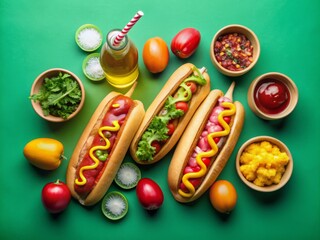 Colorful arrangement of hot dogs, various condiment bottles, a ball, and a glass on a vibrant green background, top view.