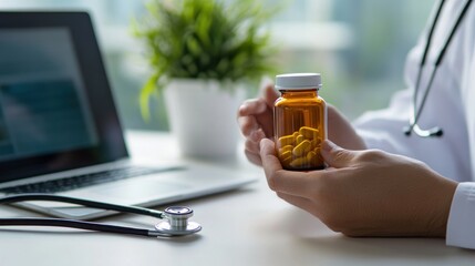 Close-up of the doctor's hand holding a bottle of pills near a laptop computer and a medical stethoscope on a desk in a clinic office. prescribe concept.