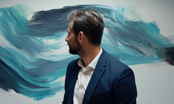 Lifestyle portrait video of a French man in his 40s against an abstract background