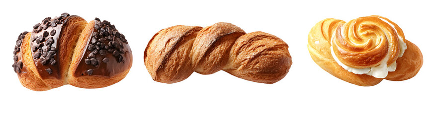 Collection of 4 fresh bakery snacks, isolated on transparent background