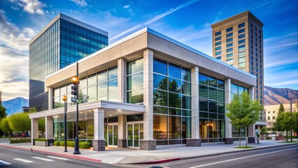 Modern American national bank branch in Salt Lake City, Utah, with sleek architecture and financial institution signage.