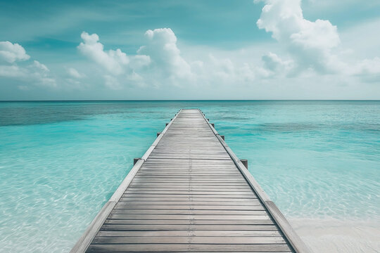 Fototapeta A wooden beach pier leading into turquoise water of the maldives. Maldives on a tropical beach scene