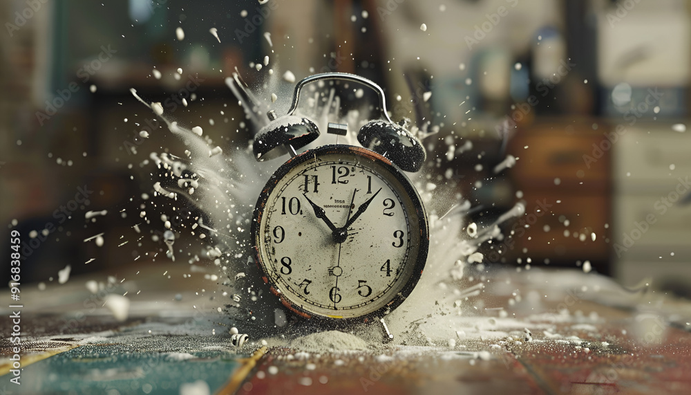 Sticker Alarm clock dissolving on table indoors. Time is running out